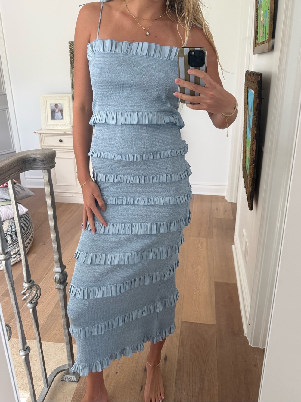 V. Chapman Light Blue Ruffled Tiered Maxi Dress